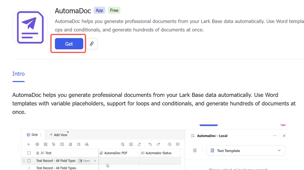 Installing AutomaDoc for your company from the Lark App Store