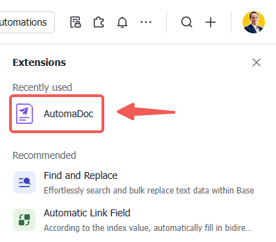 Opening the newly installed AutomaDoc extension